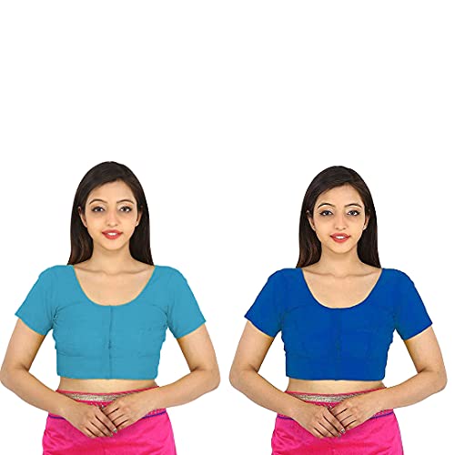 Image of Namita Women's Cotton Half Sleeve Blouse (U-COT-COM-2-CYAN-NAVYBLUE-34 Cyan-Navyblue 34)