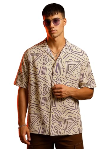Image of Veirdo Poly Cotton Oversized Loose Baggy Fit Drop Shoulder Cool and Stylish Abstract Print Men Camp Collar Shirt