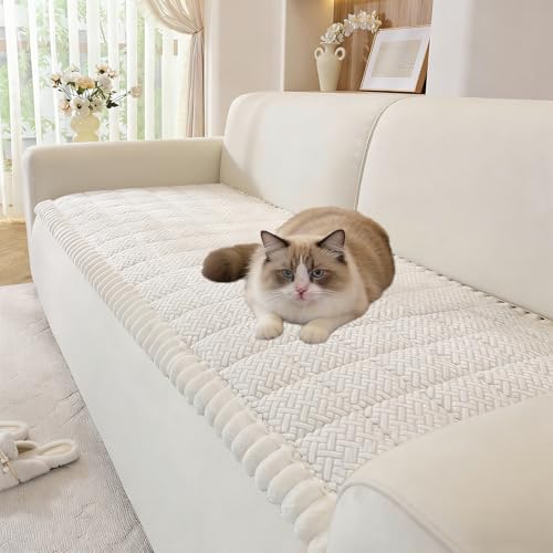 DREAMINGO Geometric Jacquard Pet Couch Cover, Soft Plush 2 Seater Sofa Covers Washable, Non Slip Dog Bed Mat Fuzzy Sofa Cushion Protector (White, 27.6" x 59.1")