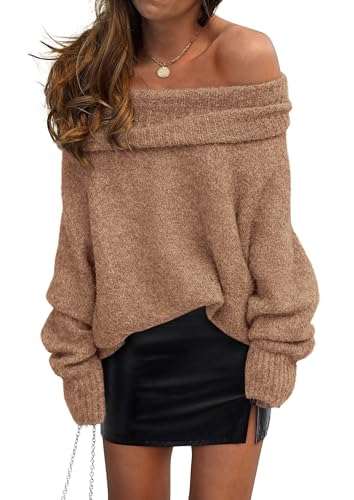 PRETTYGARDEN Women's Off The Shoulder Sweater Long Sleeve Tops 2025 Fall Loose Knit Pullover Sweaters Winter Clothes