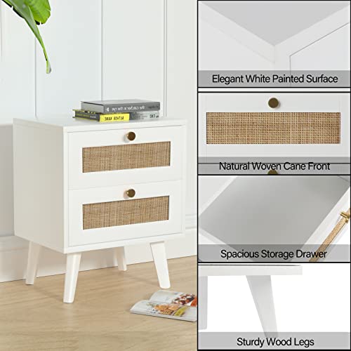 Giluta Rattan Nightstand with 2 Drawers, Solid Wood Bedside Table, Boho Night Stand, Easy Assembly Mid-Century Side Table for Living Room, Bedroom (White/Gold) - Image 4