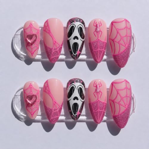 Pink Spider Web Halloween Press on Nails Medium Almond Ghost Fake Nails