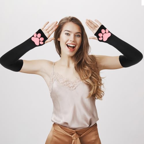 Telooco Langfingerige Katzenpaw-Mitzen mit 3D-Pink-Pad für Halloween-Cosplay