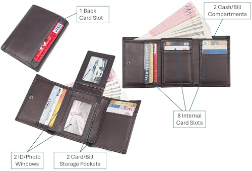 Genuine Leather Short Trifold Wallet for Men, RFID Blocking, Snap Closure. 11 Card Slots, 2 ID Windows. Brown4