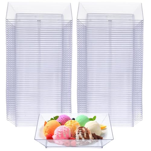 100 PCS Clear Plastic Dessert Plates, 3.5 x 3.5 Inches Square Clear Dessert Plates, Small Dessert Serving Plate, Transparent Appetizer Plate, Reusable Hard Plastic Plates for Party Wedding Reception