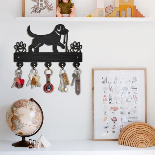 ORIGACH hölzerne Hundeleinenhalter Wand mit 5 Metallhaken Schlüsselhalter für Wand 30×16.9cm Hund Haustier Schlüsselbrett Schwarz für Haustür Küche Eingang Schlafzimmer