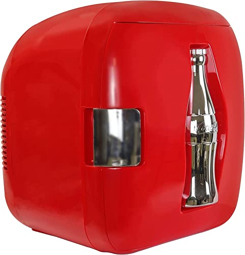 Coca Cola Heritage Coke 7.9L 12 Can Portable Mini Fridge Compact Refrigerator for Bedroom, Personal Cooler Warmer 12V and AC Cords, Desktop Accessory for Home Office Car Dorm Travel (Red & Silver)