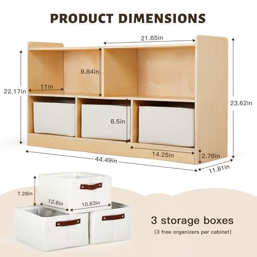 Montessori Shelf with Storage Boxes, Wooden Toy Storage Organizer for Books Toys, 2 Shelf Bookcase, 5-Section Storage Cabinet, Toddler Book Shelf for Kids Rooms, Playroom, Nursery, Kindergarten - Image 3