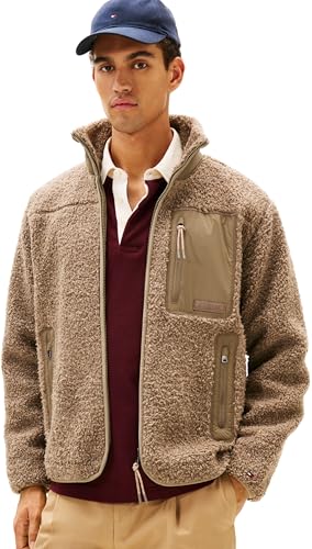 Tommy Hilfiger Men’s Teddy Fleece Zip Through Sweatshirt with Stand Collar, Beige (Coastal Taupe), M