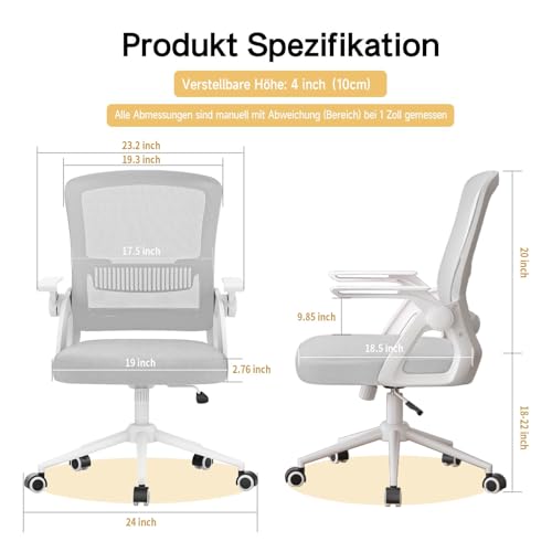naspaluro Bürostuhl mit Hochklappbare Armlehnen, Schreibtischstuhl Ergonomisch, Drehstuhl mit Netzbespannung, Lordosenstütze, Höhenverstellbarer, Wippfunktion, Gepolstertem Sitzkissen, Grau