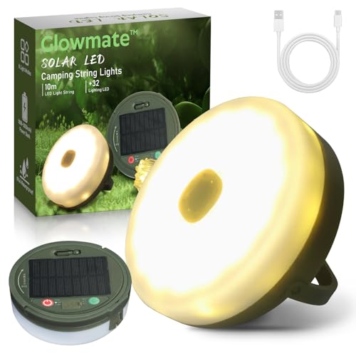 Glowmate 4 in 1 Camp Light Camping String Lights with 8 Modes Rechargeable Waterproof Retractable String Lights Your Ultimate Outdoor Companion (Solar LED+Type C WarmWhite+Multicolor 32.8FT)