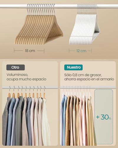 Miniatura 4 de Songmics Percha De Madera, Juego De 30, Delgada, Muescas En Hombros, Percha Para Pantalones, Gancho Giratorio 360 , Madera De Abedul, Para Tirantes Y Chaquetas, Blanco Nube Crw030w02