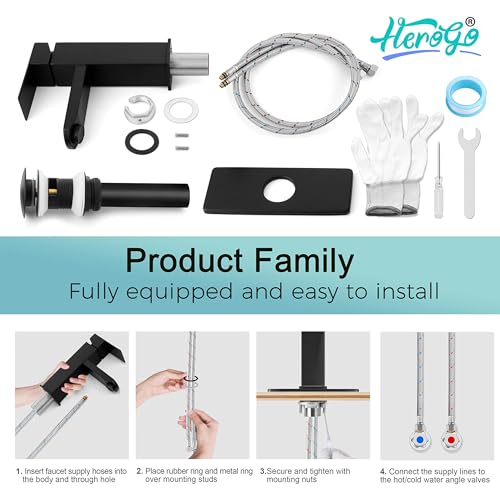 Image of Herogo Black Bathroom Faucet, Stainless Steel Modern Bathroom Sink Faucets with Pop-up Sink Drain & Deck Plate 1 or 3 Hole, Single Handle RV Washbasin Lavatory Faucet with 2 Water Hoses