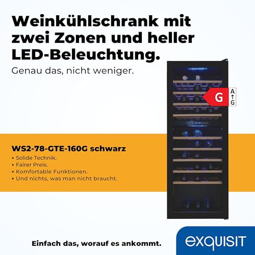 Exquisit Weinkühlschrank 2 Zonen, Platz für 78 Flaschen, 194 Liter, Umluftventilator, 9 Holzablagen, Digitale Temperaturanzeige, WS2-78-GTE-160G schwarz