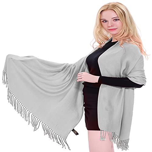 CJ Apparel Light Grey Silver Grey Solid Color Tassels Design Nepalese Shawl Scarf Wrap Stole Throw Head Wrap Pashmina Hand Made in Nepal New