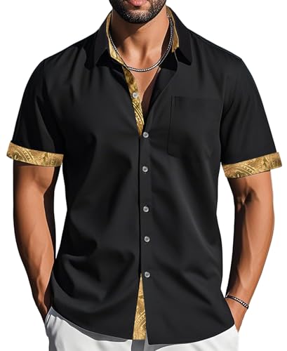 Barry.Wang Mens Short Sleeve Dress Shirts Black Gold Paisley Casual Button Down Collar Cuff Pocket Contrast Formal Wedding
