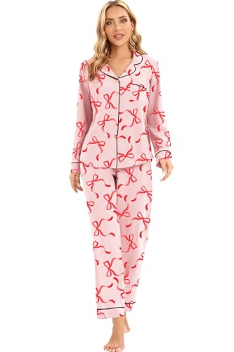 Image of LUBOT Christmas Pajamas for Women 100% Cotton Pajama 2 Piece PJ Set Soft Long Sleeve Button Xmas Print Loungewear XS-XXL