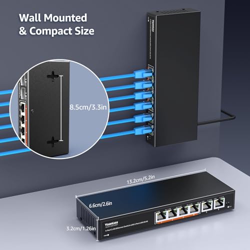 Image of 6 Port 10G Ethernet Switch Unmanaged, 4 x 2.5G Base-T Ports, 2 x 10Gb RJ45 Ports, Compatible with 100 /1000 /2500Mbps, Metal Fanless, VLAN, YuanLey 2.5Gbe Network Switch for 2.5G /10G NAS, Wireless AP