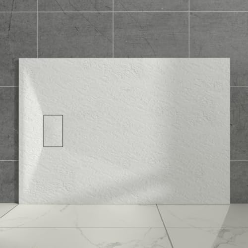 Aquariss White Rectangular Shower Tray Slate Effect SMC Slip-Resistant Shower Base for Bathroom Enclosures 1400x900mm with Waste