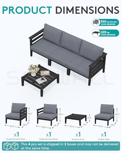 Image of SERWALL HDPE Patio Furniture Set, 4 Pieces Outdoor Sectional Sofa Set | All-Weather Wood-Like Outdoor Sofa Couch with Coffee Table, Modular Design for Flexible Combination