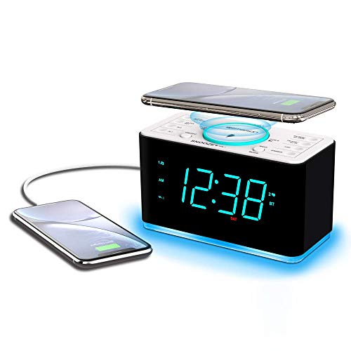 Emerson Radio ER100401 Smartset Alarm Clock Radio, 15Watt Ultra Fast Wireless Charging Dual Alarm Clock Radio with Bluetooth Speaker, USB Charger, Cyan LED Night Light and 1.4" Display (Renewed)