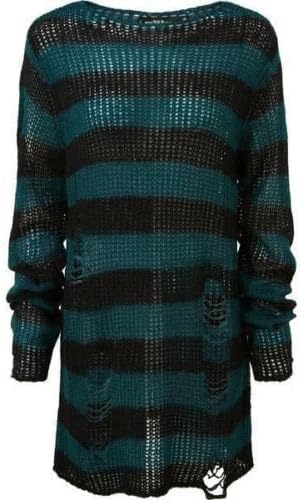 Killstar Sea Punk Teal Striped Gothic Emo Oversized Unisex Sweater-S