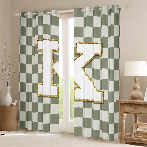 Image of Erosebridal Sage Green Checkered Blackout Curtains for Bedroom Living Room Plaid Initial K Window Curtains 2 Panels 38 inch Wx45 L Personalized Monogram Drapes,Grids Gingham Window Treatments