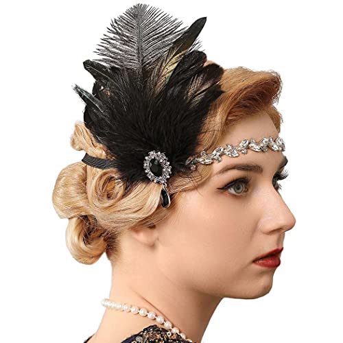 Genbree 1920S Flapper Headband Black Feather Headpiece Rhinestone Gatsby Headbands Cocktail Head Accessories For Women(Pattern 3) #TOP3