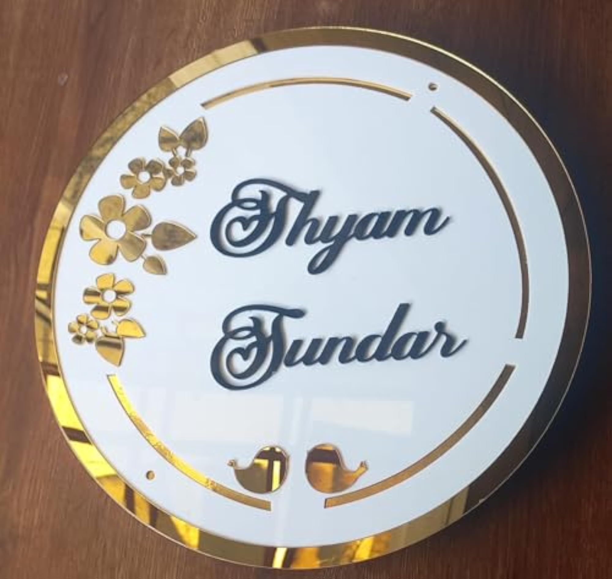 White Acrylic Round Plate with Golden Embossed Letters, Weatherproof
