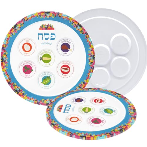 Seder Plate Passover Plate Melamine Jerusalem Design Passover Seder Plates, Traditional Kaarah For Pesach 12" (6-Pack)