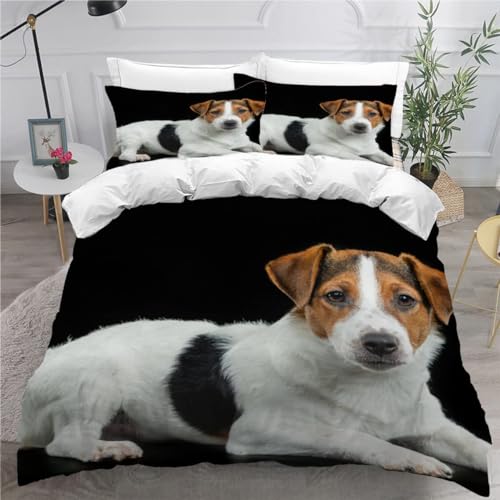 Image of MEVASA King Bedding Set Jack Russell Terrier 3d Printed Girls Boys Adults Soft Microfiber Fluffy Breathable Kingsize Duvet Cover Set Animal Dog Black Bedding King Size with 2 Pillow Cases /230x220