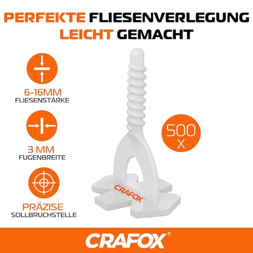 CRAFOX Gewindelaschen 3mm LARGE Pack | 500x Stk - Zuglaschen 3mm Fugenbreite | für perfekte Fliesenverlegung ohne Überzähne oder Höhenversatz | präzise Ergebenisse | Laschen 3mm