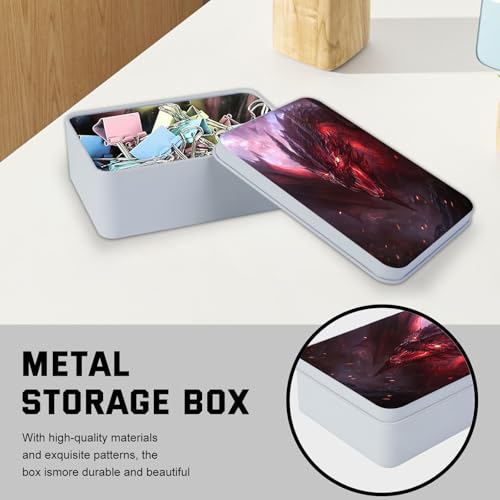 Image of Metal Tin Box with Lid,Multi-functional Storage Box Can Store Tea Biscuits Game Cards, Playing & Tarot Cards-Comes with 4 Magnetic Cord Clips,Red Dragon Portrait