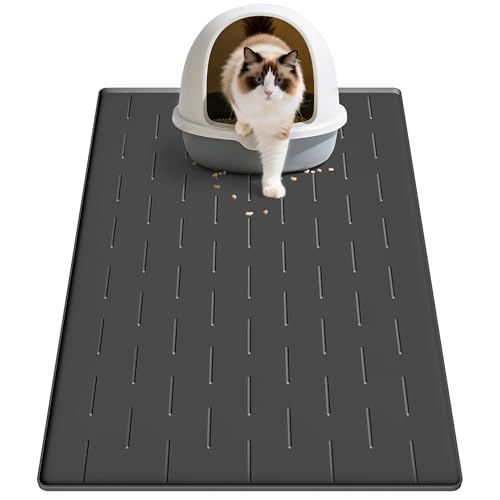 Pieviev Silicone Cat Litter Trapping Mat, 34''x22'' Large Cat Litter Mat, Easy to Clean & Soft on Kitty Paws, Waterproof Kitty Litter Pads for Indoor Cats, Black