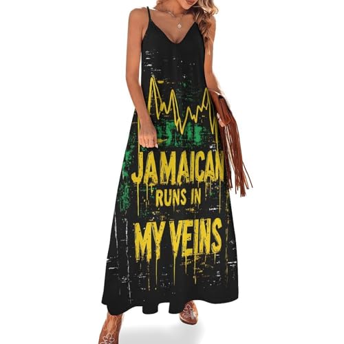 Jamaican Runs in My Veins Women's Maxi Dress Sexy Spaghetti Strap Cut Out Flowy Swing Long Dresses M