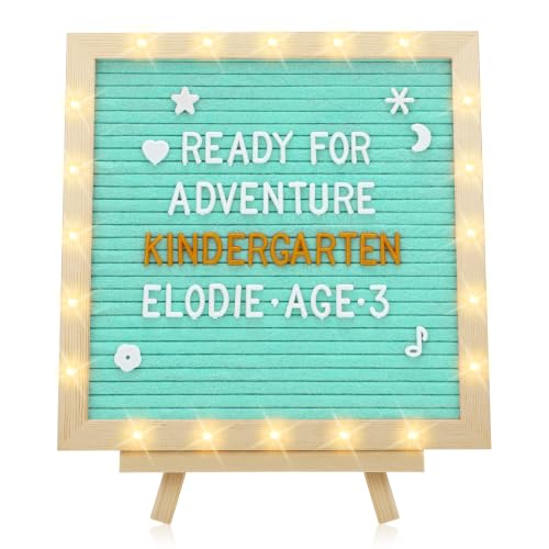 Image of 10 inchx10 inch Felt Letter Board with LED Lights & Stand, First Day of School Sign | Wall /Desk Display, 450-Letter, Message Custom Signs Poster Board, Baby /Pregnancy Announcement /Classroom /Birthday Decor, Blue