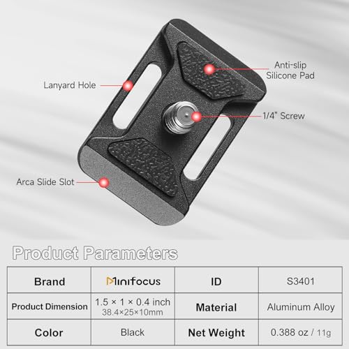 Placa Arca Swiss de 38 mm MINIFOCUS con tornillo de 1/4 para trípode estándar negro 3