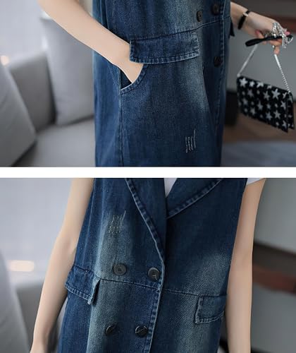 Womens Sleeveless Lightweight Long Denim Vest With Pockets Vintage Button Down Loose Jean Jacket3