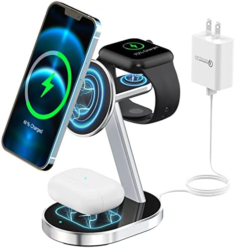 3 in 1 Magnetic Wireless Charger, 18W Aluminum Alloy MagSafe Charging Station for iPhone 14 Pro/14 Pro Max /14/13/12 Series, AirPods 3/Pro/2, iWatch 8/Ultra/7/6/SE/5/4/3/2 (with QC 3.0 Adapter)