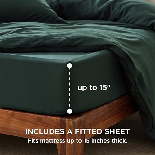 Image of Bedsure Duvet Cover Queen Size with Fitted Sheet - 4 Pieces Prewashed Cotton-Like Polyester Extra Soft Bedding Set, Includes 1 Duvet Cover 90x90 Inches, 2 Pillow Shams, 1 Fitted Sheet, Forest Green