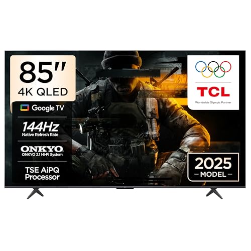 TCL 85T8C Television 85 Inch Smart TV 4K QLED Colorful Quantum Crystal HDR 10+ Gaming Google TV, 144Hz Native Refresh Rate, ONKYO 2.1 Hi-Fi, Dolby Atmos, DTS Virtual X, MEMC, Game Master (2025 Model)