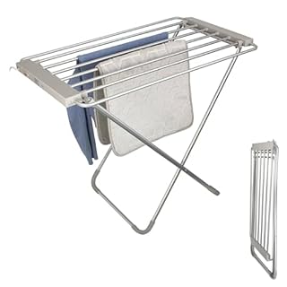Fishtec - Étendoir à Linge Électrique Chauffant 8 Barres - Séchage Rapide et Efficace - Porte-Serviettes Pliable en Aluminium Brossé - Idéal Salle de Bain, Linge et Vêtements - Format Compact