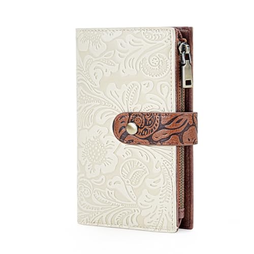 GOIACII Women's Wallet RFID Blocking Trifold Ladies Travel Wallet Purse with Coin Zipper Pocket White & Brown