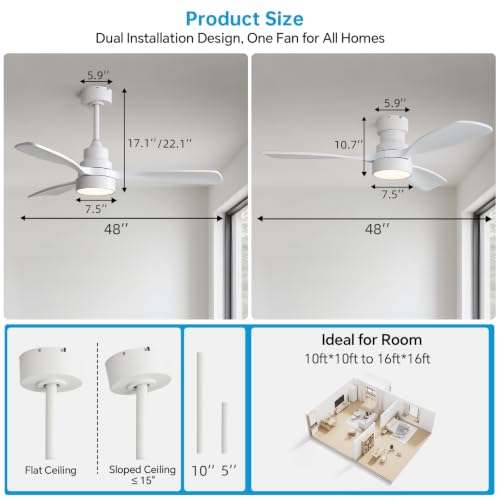 Sofucor 48 Inch Smart Ceiling Fans with Lights and Remote, Flush Mount & Downrod Mount, Work with Alexa/Google/APP, Quiet DC Motor, White Solid Wood Outdoor Ceiling Fan for Bedroom Living Room Patio by Sofucor - Used condition - Image 6