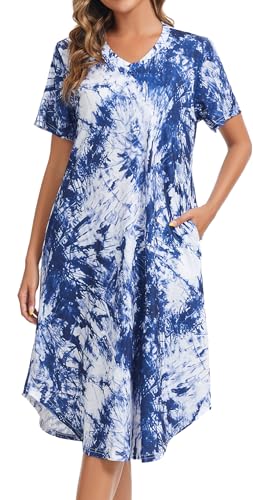 Image of Kabento Nightgowns for Women Cotton Short Sleeve Long Night Gowns with Pockets