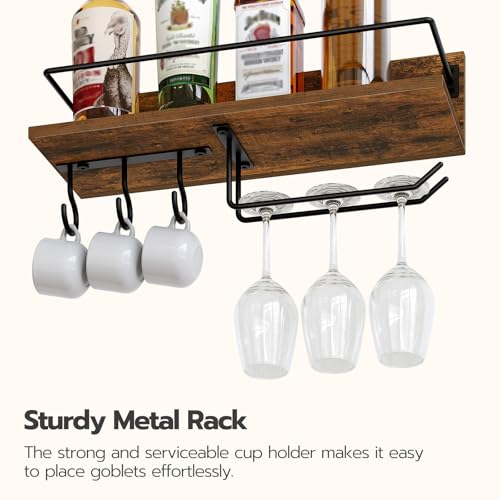 Image of HOOBRO Wall Mounted Wine Rack 3 Pack, Wine Shelf Hanging Floating Wall Shelves, Wine Glass Bottle Rack Stemware Holder, for Living Room, Dining Room, Kitchen, Rustic Brown and Black BF33BJ01