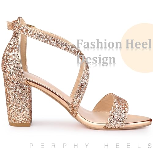 Perphy Glitter Sparkly Heels Crisscross Strap Chunky Heel Dress Shoes Sandals for Women4