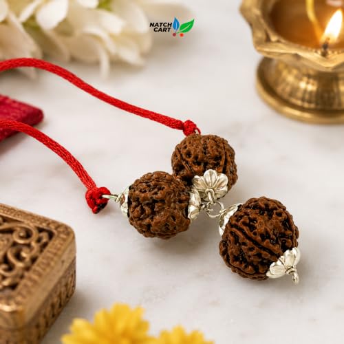 Image of Siddha Mukhi Pure Rudraksha, Laboratory Certified, Carefully Capped with Silver Between Nepalese Beads With Handmade Tassel, Size 16mm-22mm, Color-Brown-Saraswati Rudraksha Kawach Silver (4+4+6)