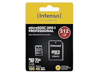 Intenso Carte mémoire microSDHC Professionnelle 512 Go Classe 10 UHS-I, U3, V30 avec Adaptateur SD, pour Enregistrement 4K, GoPro, Insta 360, DJI, Osmo, Steam Deck, Drone, caméra d'action, Noire