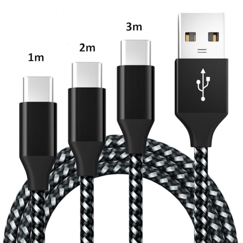 HomeRevel Cable de carga USB C, paquete de 3 cables de carga tipo C de 1 m + 2 m + 3 m, cable de carga rápida 3 A de nailon trenzado para Samsung Galaxy S24/S23/S22, iPhone 15 Plus Pro Max, Google